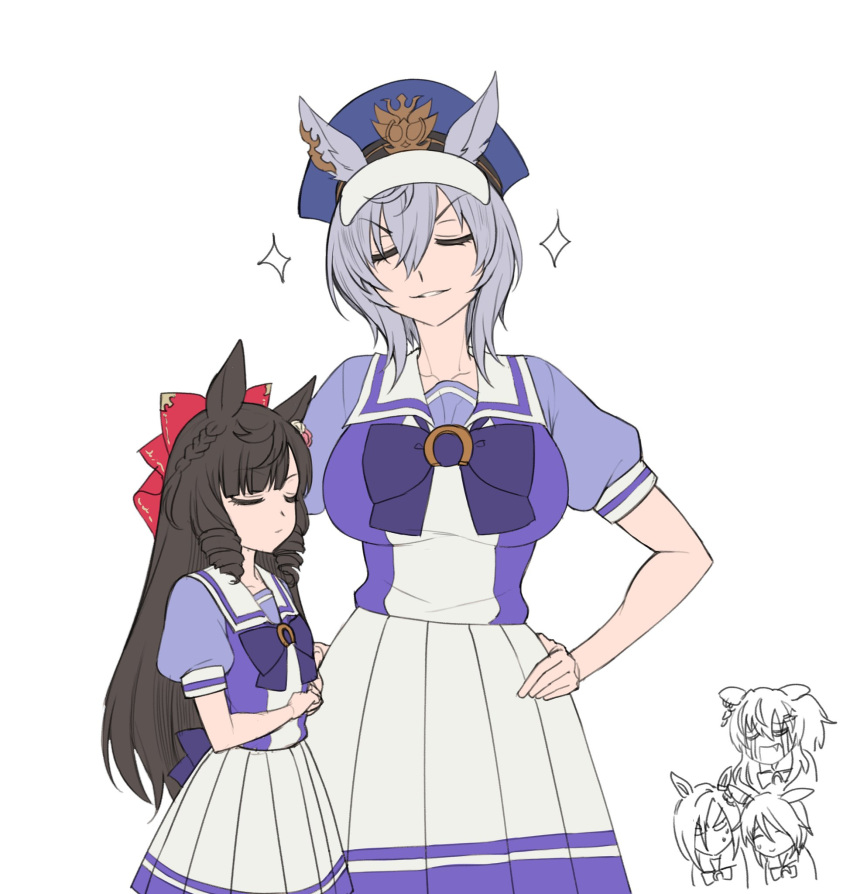 5girls air_groove_(umamusume) asymmetrical_bangs blue_headwear blunt_bangs bow bowtie closed_eyes collarbone commentary cowboy_shot crying daiichi_ruby_(umamusume) daitaku_helios_(umamusume) doodle_inset doyagao drill_hair drill_sidelocks ear_ornament ears_through_headwear fang fukuro_(maruaru00) genderswap genderswap_(mtf) hair_between_eyes hair_bow hands_on_own_hips hat height_difference highres k.s.miracle_(umamusume) kurofune_(racehorse) long_hair military_hat multiple_girls netorare original peaked_cap personification pleated_skirt puffy_short_sleeves puffy_sleeves purple_bow purple_bowtie purple_shirt red_bow sailor_collar school_uniform shirt short_hair short_sleeves side_ponytail sidelocks simple_background skirt smug sparkle streaming_tears summer_uniform sweatdrop tears tracen_school_uniform umamusume v-shaped_eyebrows white_background white_sailor_collar white_skirt