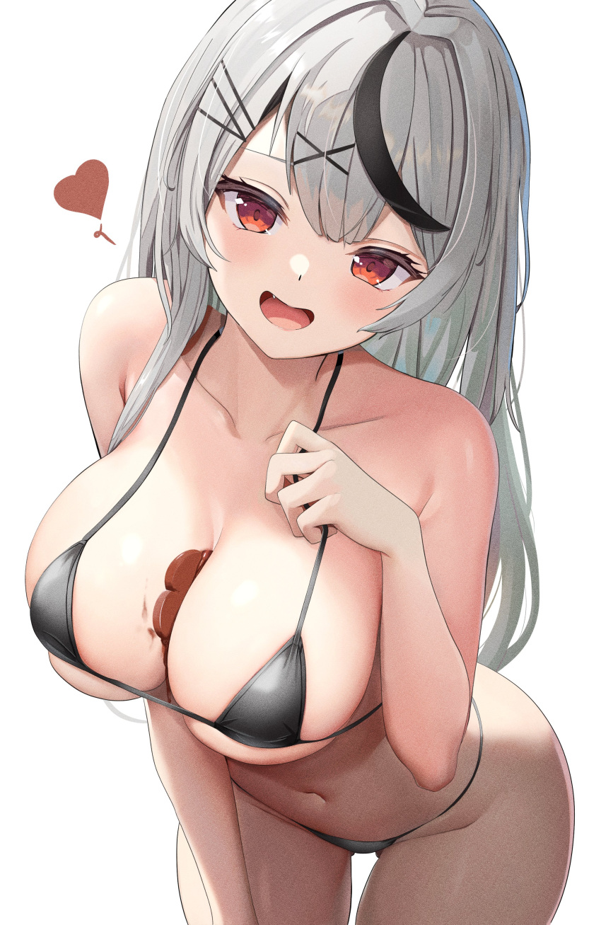 1girl absurdres bikini black_hair breasts chocolate chocolate_on_body chocolate_on_breasts cleavage commentary fang food_between_breasts food_on_body grey_hair hair_between_eyes hair_ornament hairclip hand_on_own_chest highres hololive large_breasts leaning_forward long_hair looking_at_viewer micro_bikini multicolored_hair nekonosuke open_mouth sakamata_chloe simple_background smug solo streaked_hair string_bikini swimsuit virtual_youtuber white_background x_hair_ornament