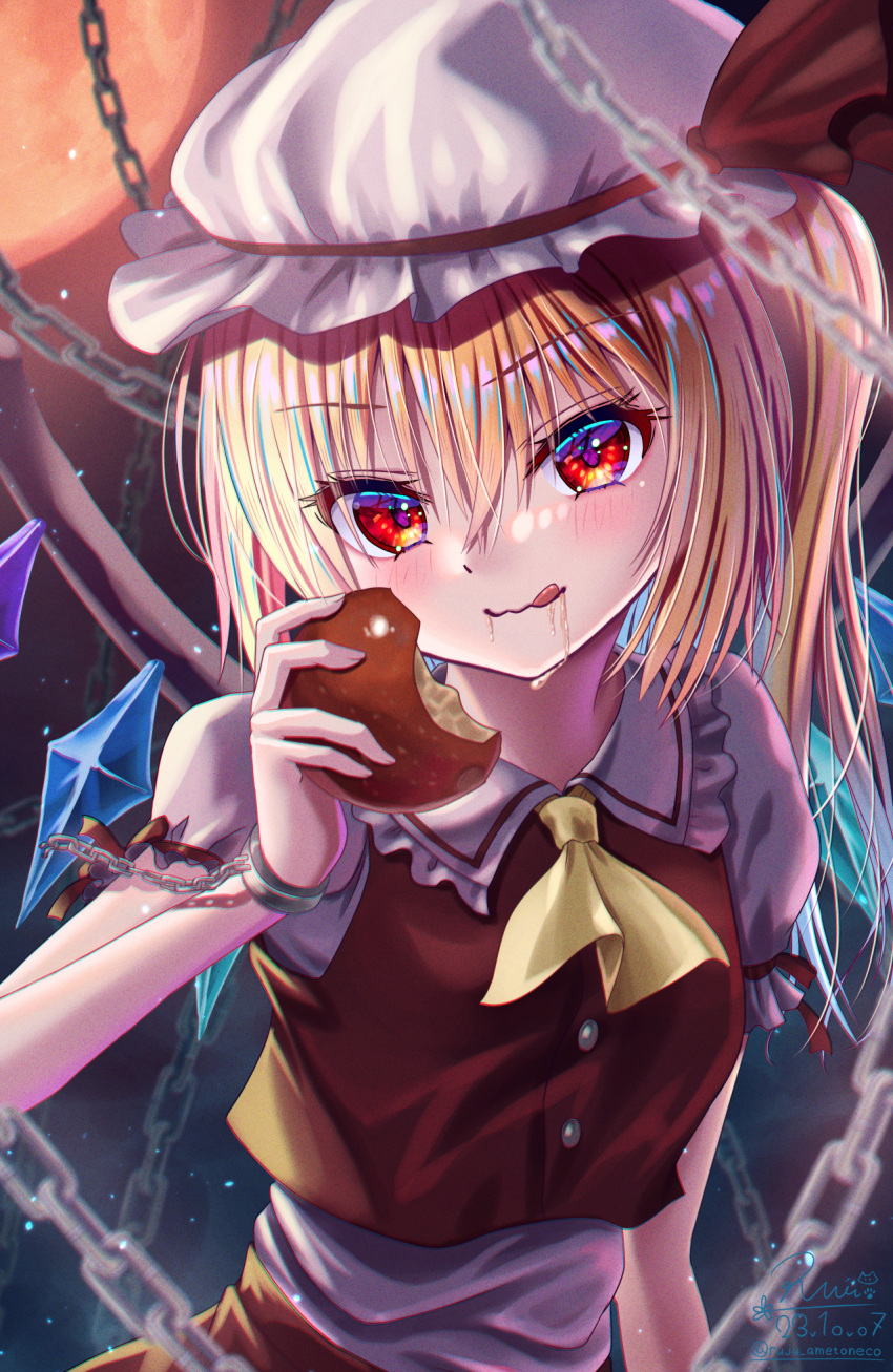 1girl apple ascot bitten_apple blonde_hair chain crystal_wings eating flandre_scarlet food food_bite frills fruit hat hat_ribbon highres holding holding_food holding_fruit mob_cap moon outdoors puffy_short_sleeves puffy_sleeves red_apple red_eyes red_moon red_ribbon ribbon rouge_(my_rouge) saliva saliva_trail short_sleeves solo tongue tongue_out touhou upper_body yellow_ascot