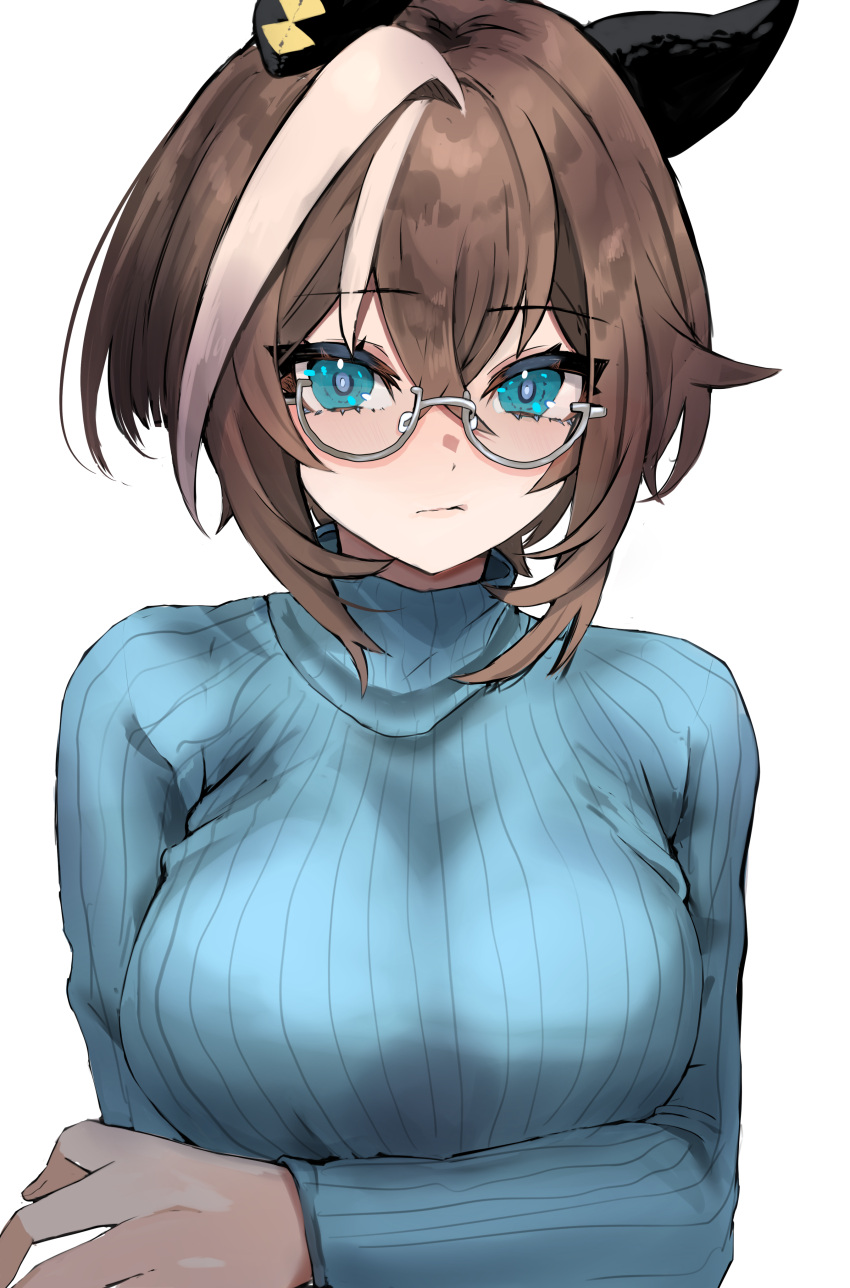 1girl absurdres animal_ears bespectacled blue_eyes breasts brown_hair cheval_grand_(umamusume) commentary_request ear_covers glasses hair_between_eyes highres horse_ears horse_girl looking_at_viewer multicolored_hair semi-rimless_eyewear shirt simple_background solo streaked_hair sweater toa510 turtleneck turtleneck_sweater umamusume under-rim_eyewear white_hair