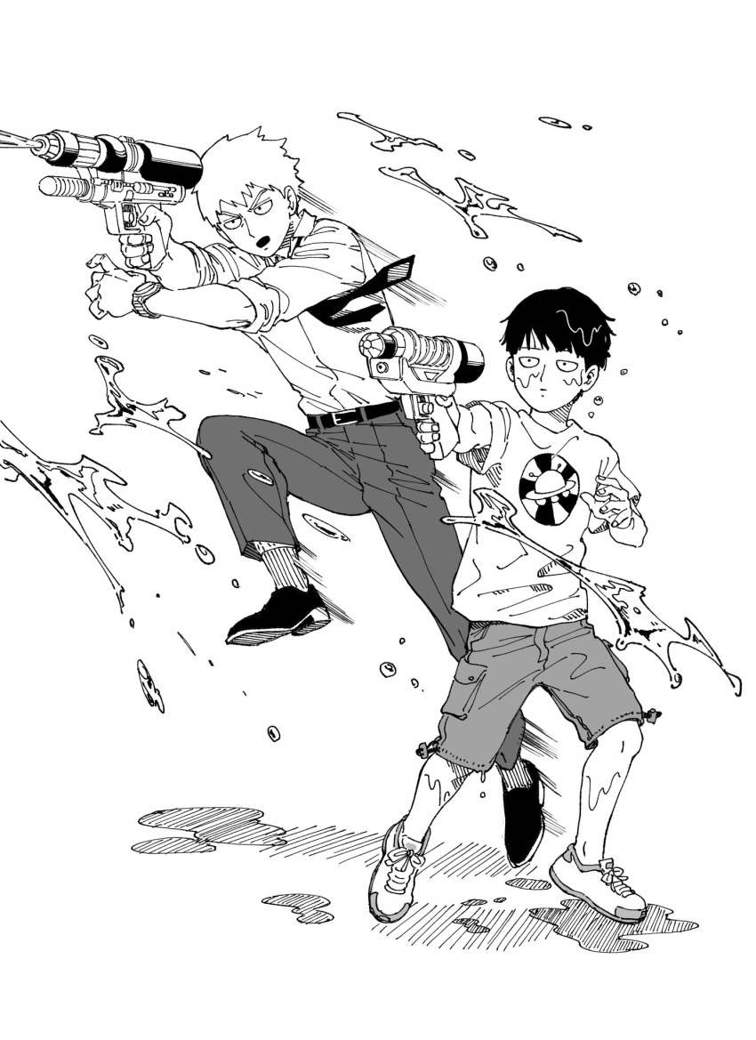 2boys aiming cargo_shorts closed_mouth commentary_request dress_pants dress_shirt dress_shoes eduroku expressionless firing floating_hair full_body greyscale highres holding holding_water_gun jitome jumping kageyama_shigeo male_focus mob_psycho_100 monochrome motion_lines multiple_boys necktie playing print_shirt puddle reigen_arataka ribbed_socks serious shirt shoes short_hair shorts simple_background sleeves_rolled_up sneakers t-shirt ufo_print v-shaped_eyebrows watch water_gun wet wet_face wet_hair wristwatch