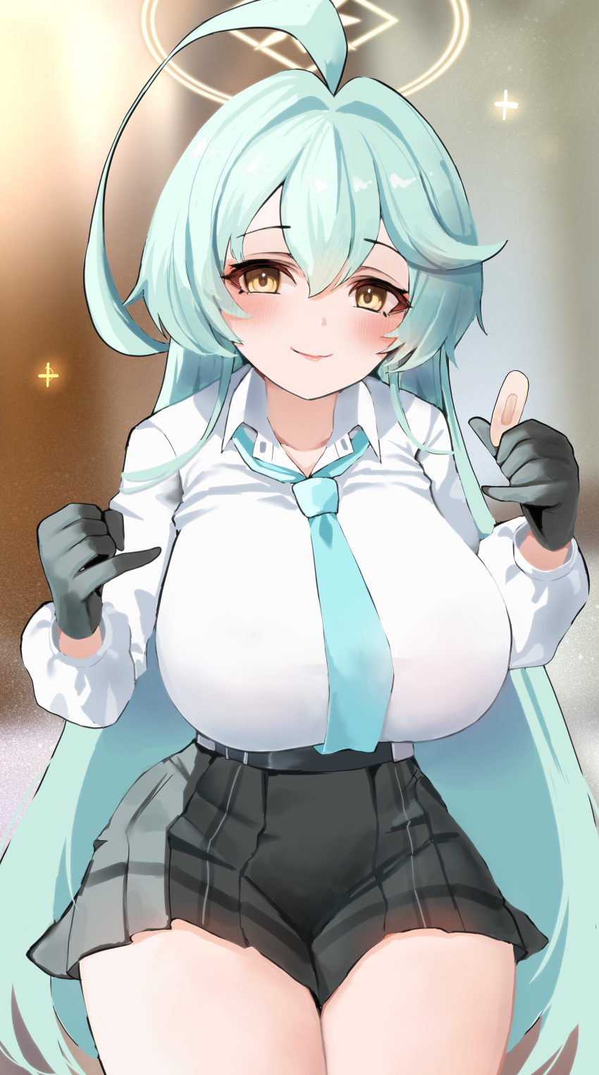 1girl absurdres ahoge black_gloves black_skirt blue_archive blue_necktie blush breasts closed_mouth collared_shirt cowboy_shot fluffyebi01 gloves green_hair hair_between_eyes halo highres huge_ahoge large_breasts long_hair looking_at_viewer necktie pleated_skirt shirt skirt smile solo thighs white_shirt yellow_eyes yellow_halo yume_(blue_archive)