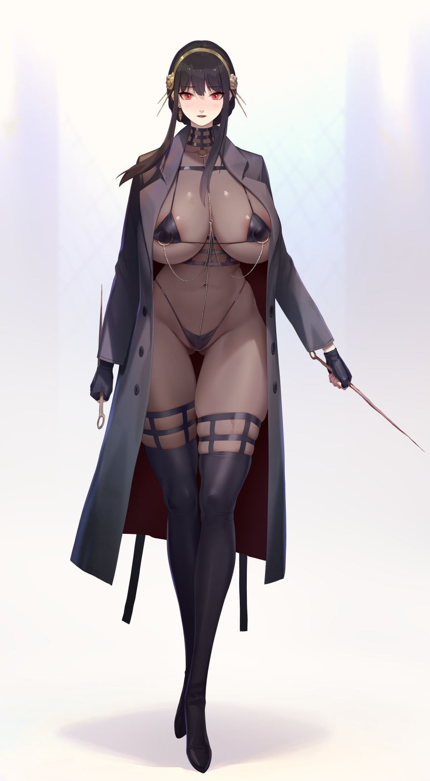 1girl absurdres areola_slip ass_visible_through_thighs bikini black_bikini black_bodysuit black_hair blush bodysuit boots breasts coat covered_nipples curvy dagger earrings gold_earrings groin hairband highleg highleg_bikini highres holding holding_dagger holding_knife holding_weapon huge_breasts jewelry knife long_hair looking_at_viewer micro_bikini nipple_piercing nipple_rings piercing red_eyes rekaerb_maerd skindentation solo spy_x_family stiletto_(weapon) string_bikini swimsuit thick_thighs thigh_boots thighhighs thighs weapon wide_hips yor_briar