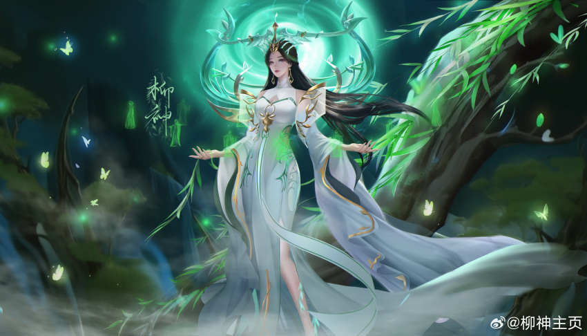 1girl absurdres baize_grape bare_legs bare_shoulders black_hair bug butterfly closed_mouth detached_sleeves dress earrings energy glowing_butterfly hair_ornament highres jewelry liu_shen_(wanmei_shije) long_hair long_sleeves mountain night second-party_source solo tree vortex wanmei_shijie white_dress