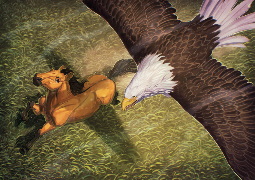 accipitrid accipitriform avian beak bird black_body black_feathers brown_body brown_mane brown_tail digital_media_(artwork) digital_painting_(artwork) dreamworks eagle equid equine feathers feral flying hi_res hooves horse looking_at_another mammal mane open_beak open_mouth ponynok running scene_reference shadow spirit:_stallion_of_the_cimarron tail white_body white_feathers wind