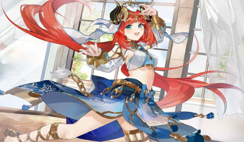 1girl arm_up armpit_cutout blue_eyes blue_nails blue_skirt breasts clothing_cutout crop_top curtains dancer dancing fake_horns floating_hair genshin_impact gladiator_sandals harem_outfit highres horns indoors long_hair long_sleeves low_twintails midriff nail_polish nilou_(genshin_impact) official_art open_mouth red_hair sandals skirt small_breasts smile solo soraneko_hino stomach teeth thighlet twintails upper_teeth_only veil very_long_hair window