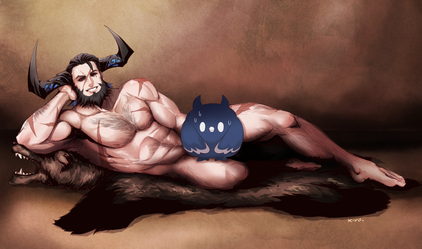 1boy abs arm_hair armpit_hair artist_name bara barefoot beard biceps black_hair black_horns blue_hair chest_hair completely_nude demon_horns facial_hair feet grin hair_slicked_back hand_on_own_head head_rest highres hololive hololive_english horns jailbird_(nerissa_ravencroft) kivo leg_hair looking_at_viewer lying male_focus multicolored_hair muscular muscular_male navel_hair nude on_side paparissa pectorals pelt red_eyes scar scar_on_arm scar_on_chest scar_on_face scar_on_leg short_hair sideburns smile toes two-tone_hair