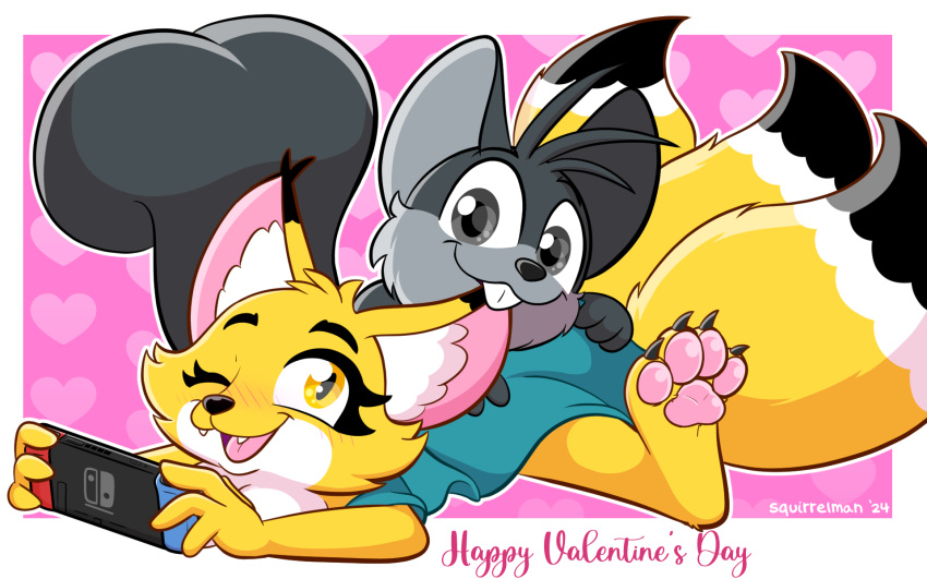 &lt;3 3_tails 4_fingers anthro bed bedding black_body black_fur black_nose blanket blush blush_lines breast_squish breasts breasts_on_ground buckteeth canid canine cheek_tuft claws controller curled_tail digital_media_(artwork) duo ear_tuft english_text eyebrows eyelashes eyes_closed facial_tuft feet female fingers fluffy fluffy_tail fox fur furniture game_controller gaming grey_body grey_eyes grey_fur hair hand_on_butt head_tuft henry_squirrelman hi_res holding_object holidays inner_ear_fluff joycon_controller logo looking_at_another looking_at_partner looking_down looking_up love love_bite lying lying_on_bed male mammal mostly_nude multi_tail multicolored_body multicolored_fur multicolored_tail nibbling nintendo nintendo_controller nintendo_switch nude on_bed on_front on_top on_top_of one_eye_closed open_mouth pawpads paws pink_inner_ear pink_pawpads playful playing rodent romantic romantic_couple sciurid sharp_teeth simple_background single_tooth smile smiling_at_another smiling_at_each_other smiling_at_partner squirrel_tail squirrelman squish surprised_expression tail teeth text toe_claws toes tongue touching_hip tree_squirrel trisha_(squirrelman) tuft tufted_ears under_blanket valentine's_day valentine's_day_card white_body white_fur wink yellow_body yellow_eyes yellow_fur