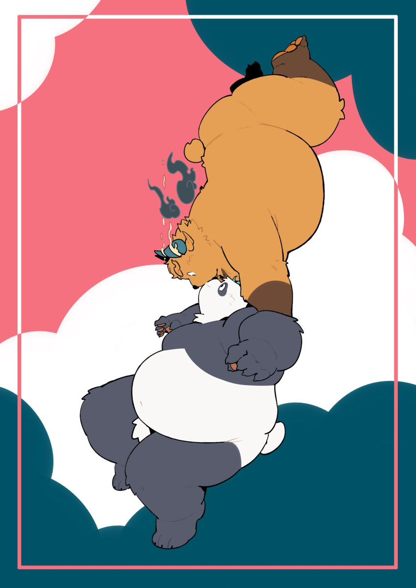 2024 anthro bear belly big_belly black_body brown_body duo giant_panda hi_res kemono male male/male mammal overweight overweight_male quanjiang simple_background white_body