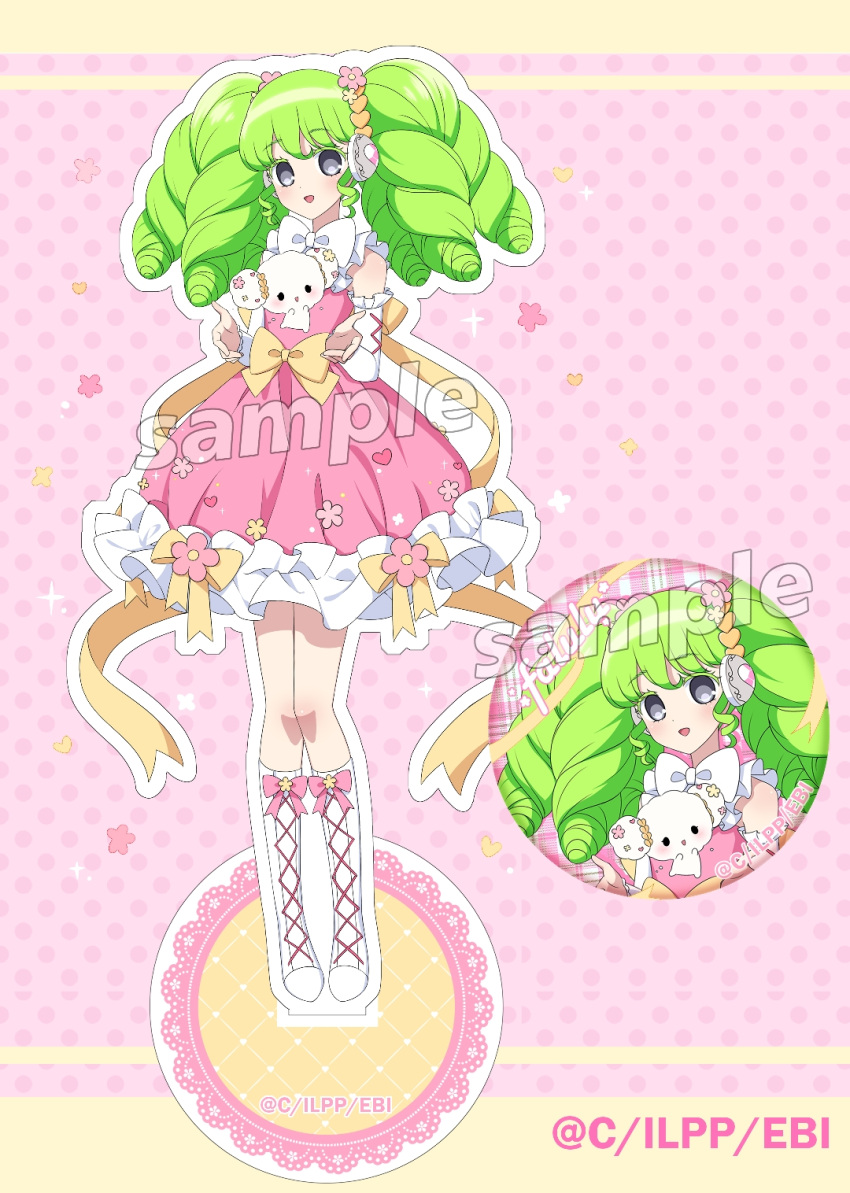 1girl :d boots bow cogimyun colored_eyelashes dress ebi_nana falulu flower full_body green_hair grey_eyes headphones highres knee_boots long_hair looking_at_viewer open_mouth pink_background pink_dress pink_flower polka_dot polka_dot_background pretty_series pripara sample_watermark sanrio sidelocks smile standing twintails very_long_hair watermark white_footwear yellow_bow