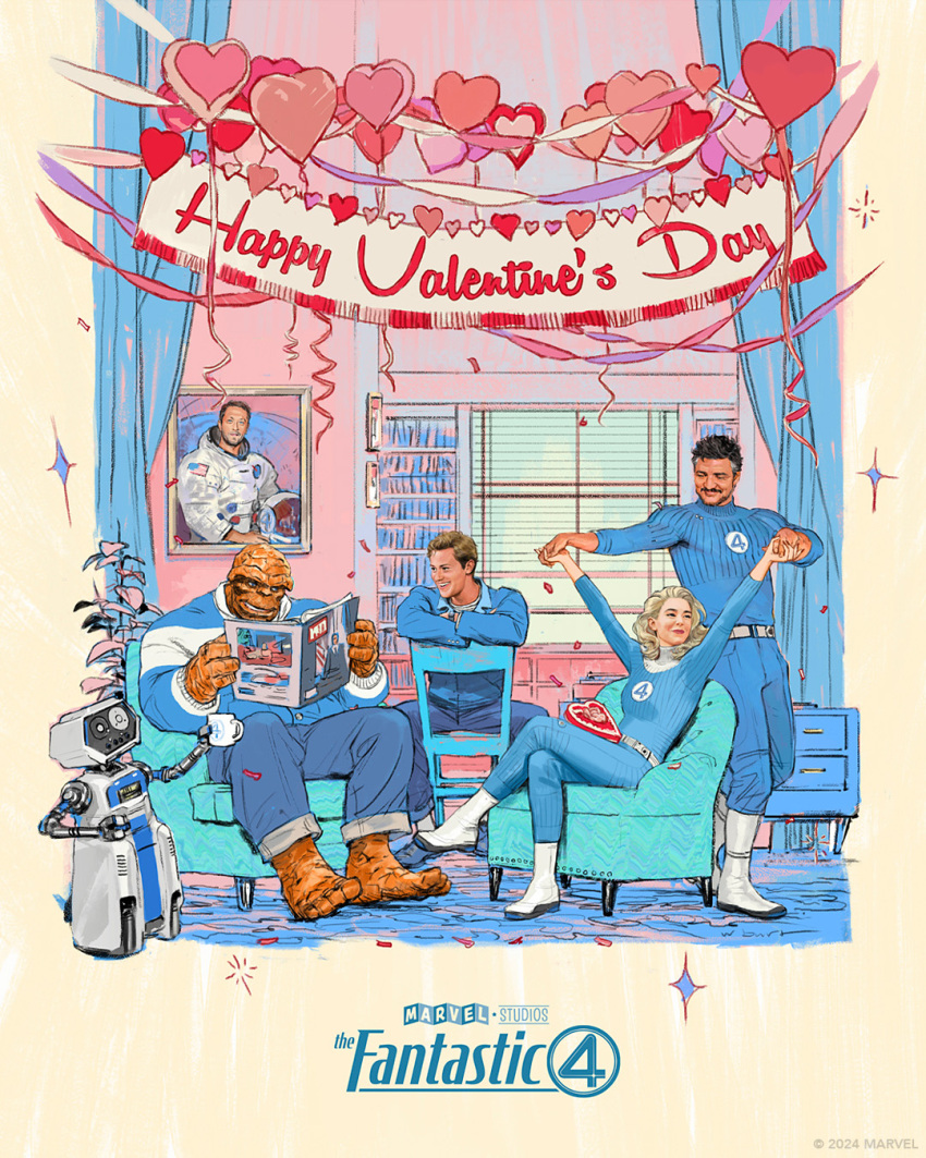 1girl 2024 3boys astronaut ben_grimm bookshelf chair commentary cup english_commentary fantastic_four happy_valentine heart highres indoors johnny_storm male_focus marvel marvel_cinematic_universe multiple_boys official_art on_chair pedro_pascal picture_frame reed_richards robot sitting smile sue_storm white_footwear