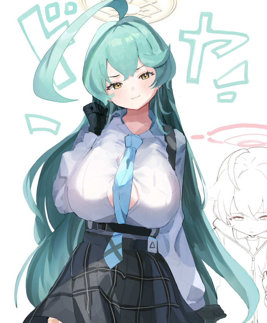 2girls absurdres ahoge black_skirt blue_archive blue_necktie blush breasts closed_mouth collared_shirt doyagao ggab0621 green_hair halo highres hoshino_(blue_archive) hoshino_(young)_(blue_archive) huge_ahoge huge_breasts long_hair long_sleeves looking_at_viewer multiple_girls necktie pink_halo pleated_skirt shirt simple_background skirt smug white_background white_shirt yellow_eyes yellow_halo yume_(blue_archive)