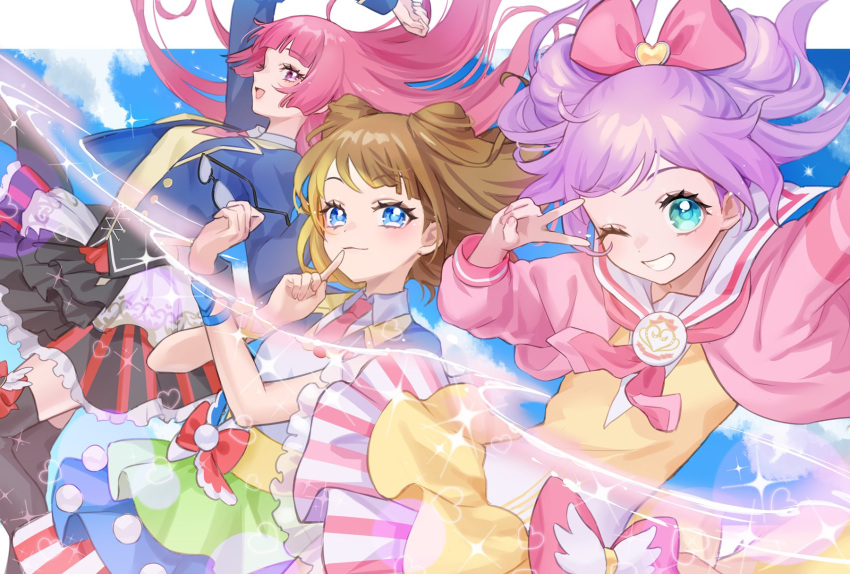 3girls ahoge arm_up blonde_hair blue_background blue_eyes blue_jacket blue_sky blunt_bangs bow brown_hair cardigan collared_shirt commentary cone_hair_bun double_bun dress finger_to_mouth floating_hair grin hair_bow hair_bun hands_up henshin highres hojo_sophy idol_clothes jacket kashikoma! long_hair long_sleeves looking_at_viewer manaka_laala manaka_laala_(young) minami_mirei minami_mirei_(normal) multicolored_clothes multicolored_dress multiple_girls nanceee_305 neckerchief necktie one_eye_closed open_mouth paprika_private_academy_school_uniform pink_bow pink_cardigan pink_hair pink_neckerchief pink_necktie pretty_series pripara purple_eyes purple_hair red_bow sailor_collar school_uniform shirt short_hair shushing sky smile symbol-only_commentary teeth v v_over_eye very_long_hair white_sailor_collar white_shirt yellow_dress