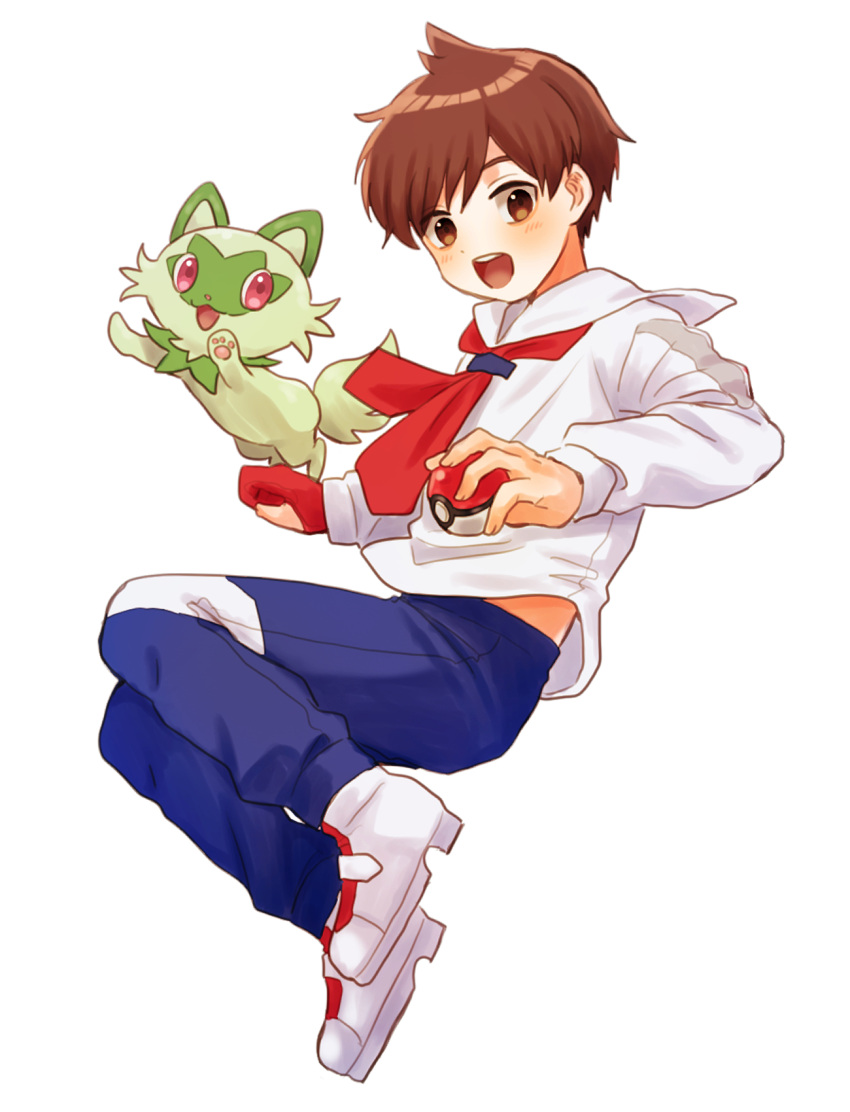 1boy blue_pants blush brown_eyes brown_hair collared_shirt florian_(pokemon) gloves happy highres holding holding_poke_ball looking_down male_focus mochi_(mocchi_p_2m) open_mouth pants partially_fingerless_gloves poke_ball poke_ball_(basic) pokemon pokemon_(creature) pokemon_sv red_gloves shirt shoes short_hair simple_background single_glove sprigatito teeth upper_teeth_only white_background white_footwear white_shirt