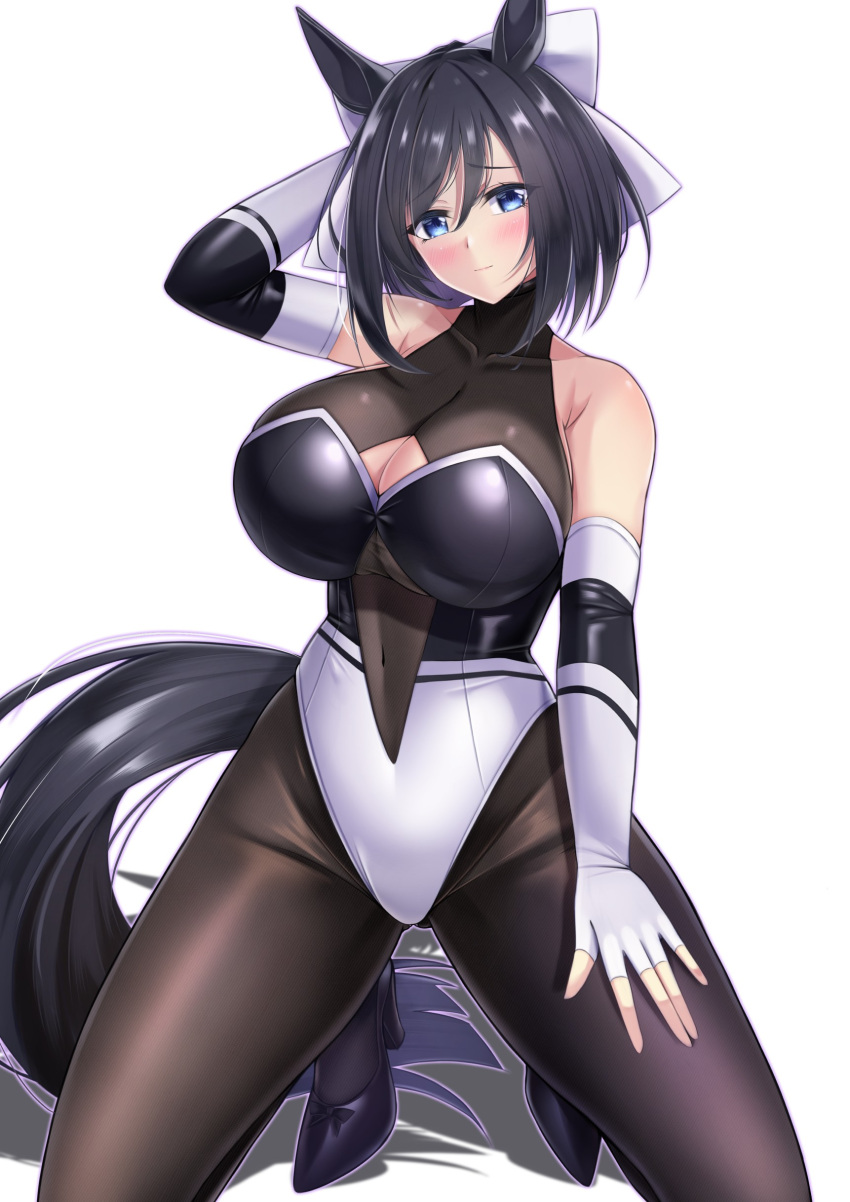 1girl absurdres animal_ears azur_lane black_footwear black_hair black_pantyhose blue_eyes bodystocking cela_f cleavage_cutout clothing_cutout commission cosplay eishin_flash_(umamusume) elbow_gloves gloves highres horse_ears horse_tail pantyhose race_queen short_hair simple_background skeb_commission skin_tight solo tail takao_(azur_lane) takao_(azur_lane)_(cosplay) takao_(full_throttle_charmer)_(azur_lane) two-tone_gloves two-tone_leotard umamusume white_background white_gloves