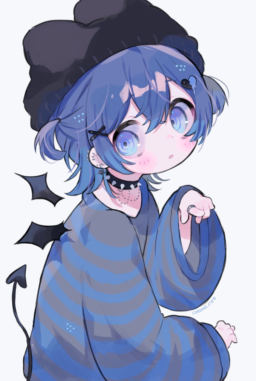 1girl animal_ear_headwear beanie blue_eyes blue_hair bracelet cotono_(nazekun) demon demon_girl demon_tail demon_wings hair_between_eyes hair_ornament hat heart heart_hair_ornament highres jewelry loose_clothes loose_shirt original oversized_clothes parted_lips pointing ring shirt solo spiked_bracelet spiked_ear_piercing spikes striped_clothes striped_shirt tail two_side_up wings x_hair_ornament