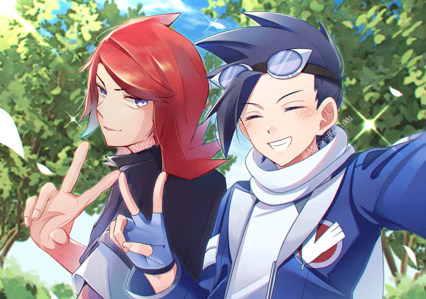 2boys black_hair blue_jacket closed_eyes cloud commentary_request day ethan_(pokemon) ethan_(sygna_suit)_(pokemon) fingerless_gloves gloves goggles goggles_on_head grin hand_up highres jacket male_focus mocacoffee_1001 multiple_boys official_alternate_costume open_clothes open_jacket outdoors outstretched_arm parted_lips pokemon pokemon_masters_ex red_hair scarf selfie shirt short_hair silver_(pokemon) silver_(sygna_suit)_(pokemon) sky smile teeth tree twitter_username v watermark white_shirt