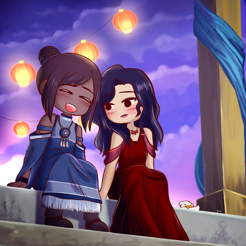 2girls ag_nonsuch asami_sato avatar_legends black_hair blue_dress boots brown_hair closed_eyes commentary commission dark-skinned_female dark_skin dress english_commentary hair_bun highres jewelry korra lantern long_dress multiple_girls necklace open_mouth red_dress single_hair_bun sitting smile stairs the_legend_of_korra very_dark_skin