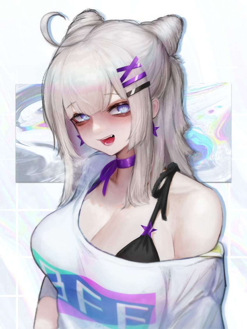 1girl aa-12_(girls'_frontline) aa-12_(smokeless_lollipop)_(girls'_frontline) absurdres ahoge bags_under_eyes black_bra blue_eyes bra breasts choker cleavage double_bun earrings fang girls'_frontline grey_hair hair_bun hair_ornament highres jewelry lieeux looking_at_viewer medium_hair multiple_hairpins off-shoulder_shirt off_shoulder official_alternate_costume open_mouth purple_choker shirt simple_background smile solo star_(symbol) star_earrings teeth tongue underwear upper_body x_hair_ornament