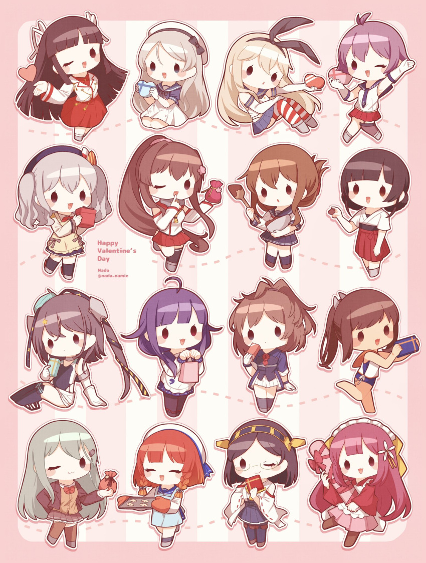 6+girls apron baking_sheet beret black_hair blonde_hair blunt_bangs blush bowl box brown_hair chibi chocolate closed_eyes cookie detached_sleeves dress etorofu_(kancolle) folded_ponytail food gift gift_box glasses gloves grey_hair hair_ribbon hakama hat headgear heart heart-shaped_box highres hiyou_(kancolle) holding holding_bowl i-401_(kancolle) inazuma_(kancolle) japanese_clothes javelin_(kancolle) kamikaze_(kancolle) kantai_collection kashima_(kancolle) kirishima_(kancolle) leg_up long_hair miniskirt multiple_girls nada_namie official_alternate_costume one_eye_closed open_mouth oven_mitts pleated_skirt ponytail purple_eyes purple_hair red_hair red_hakama ribbon sailor_collar sailor_dress sakawa_(kancolle) scamp_(kancolle) school_uniform serafuku sheffield_(kancolle) shimakaze_(kancolle) short_hair short_sleeves simple_background skirt sleeveless smile striped_clothes striped_thighhighs suzuya_(kancolle) taigei_(kancolle) thighhighs twintails twitter_username valentine yamato_(kancolle) yawata_maru_(kancolle)