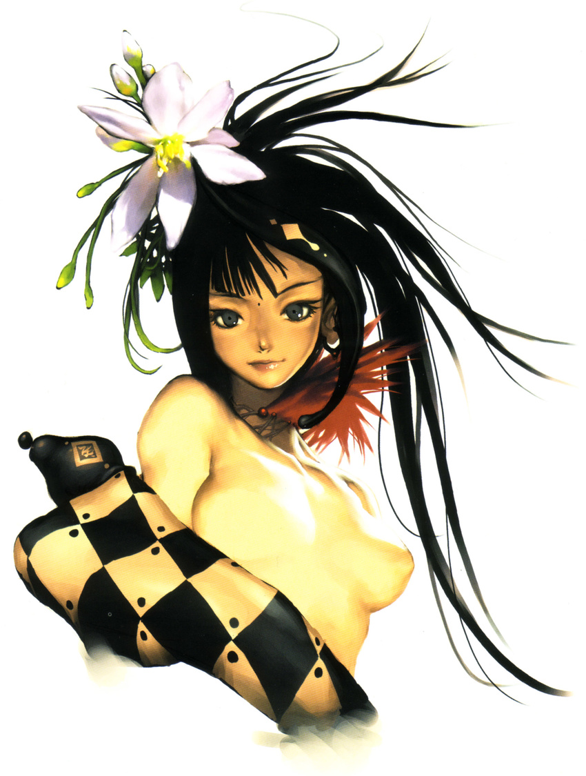 black_hair breasts flower highres kim_hyung_tae long_hair medium_breasts oxide_2 scan solo topless upper_body