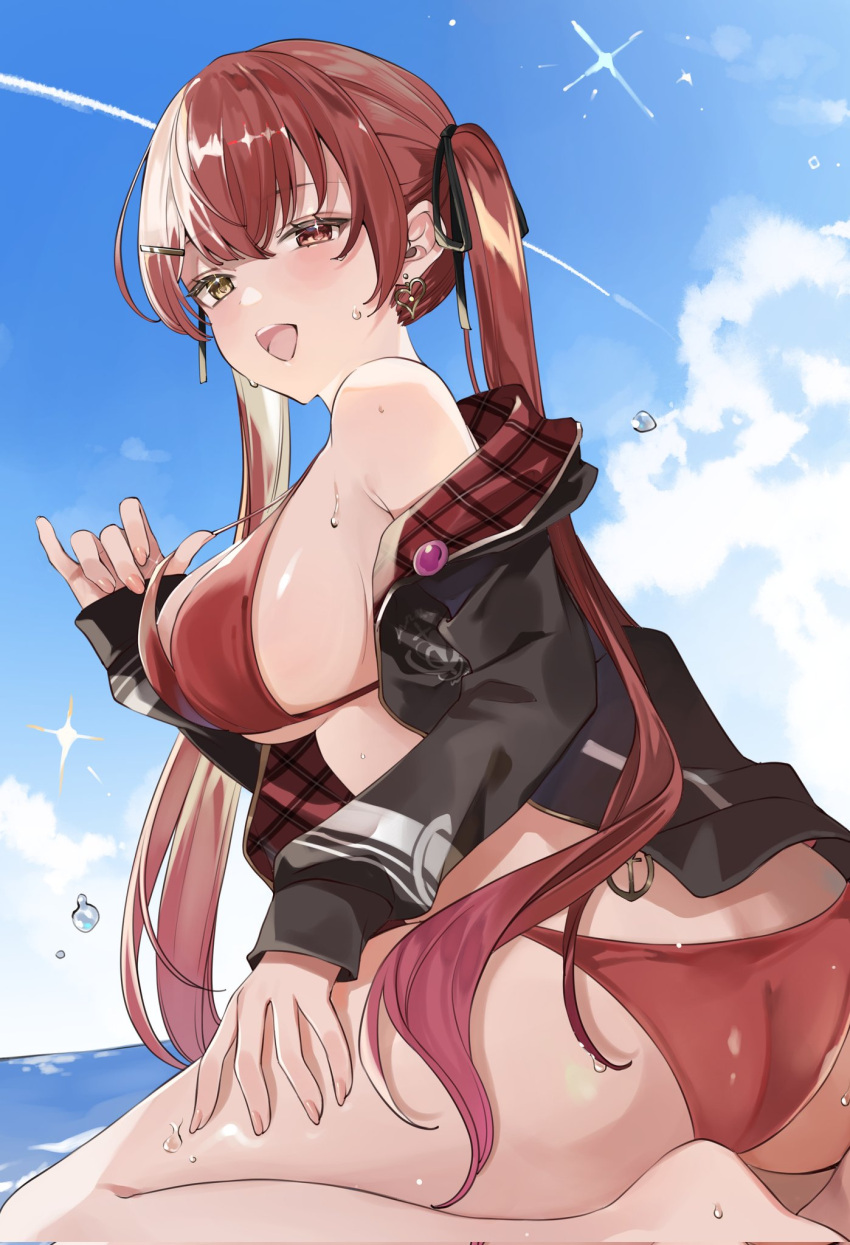 1girl ass bare_shoulders beach bikini bikini_top_lift black_jacket black_ribbon breasts clothes_lift cloud commentary contrail day earrings hair_ornament hair_ribbon hairclip hand_on_own_thigh heart heterochromia highres hololive houshou_marine houshou_marine_(summer) jacket jewelry large_breasts long_hair looking_at_viewer off_shoulder official_alternate_costume open_mouth plaid plaid_jacket red_bikini red_eyes red_hair ribbon shunka_tunacan sideboob sitting smile solo swimsuit teeth upper_teeth_only virtual_youtuber wariza water_drop yellow_eyes
