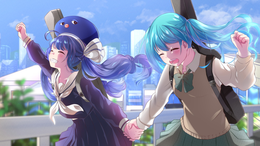 2girls absurdres ahoge aqua_hair arm_up blue_hair blue_serafuku blue_skirt blue_sky blurry blurry_background blush bow bowtie brown_sweater_vest city cityscape clenched_hand closed_eyes cloud collared_shirt commentary eel_hat green_bow green_bowtie green_skirt grin guard_rail guitar_case happy hatsune_miku highres holding_hands instrument_case large_hat long_hair long_sleeves low-braided_long_hair multiple_girls neckerchief open_mouth otomachi_una outdoors plaid plaid_bow plaid_bowtie plaid_skirt pleated_skirt puffy_sleeves sailor_collar sakurada_btt school_uniform serafuku shirt skirt sky smile sweater_vest teeth tree twintails vocaloid white_neckerchief white_sailor_collar white_shirt