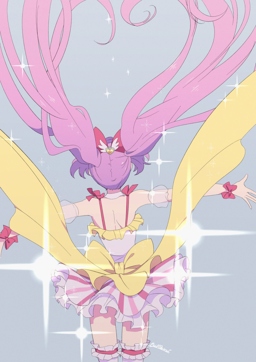 1girl back_bow bare_shoulders bow cowboy_shot detached_sleeves dress floating_clothes floating_hair from_behind hair_bow highres idol_clothes long_hair manaka_laala marueri multicolored_clothes multicolored_dress outstretched_arms pink_bow pretty_series pripara puffy_detached_sleeves puffy_sleeves purple_hair sleeveless sleeveless_dress solo sparkle spread_arms standing twintails very_long_hair yellow_bow