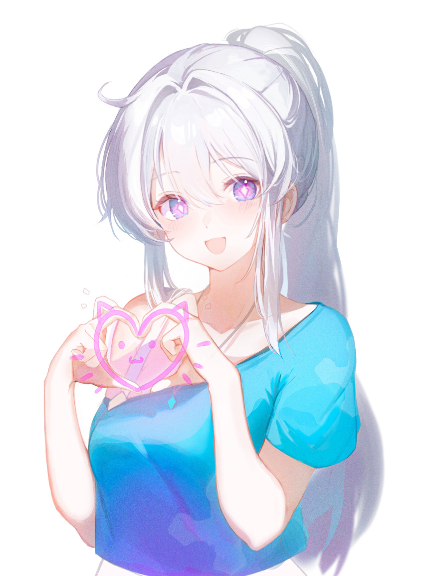 1girl :3 :d absurdres blue_shirt blush breasts collarbone diamond-shaped_pupils diamond_(shape) dot_nose gradient_shirt hair_between_eyes hair_intakes half_updo heart heart_hands high_ponytail highres honkai_(series) honkai_impact_3rd jewelry kagefumi kiana_kaslana kiana_kaslana_(herrscher_of_finality) long_hair looking_at_viewer medium_breasts necklace open_mouth purple_eyes purple_shirt shirt short_sleeves sidelocks simple_background smile solo symbol-shaped_pupils upper_body white_background