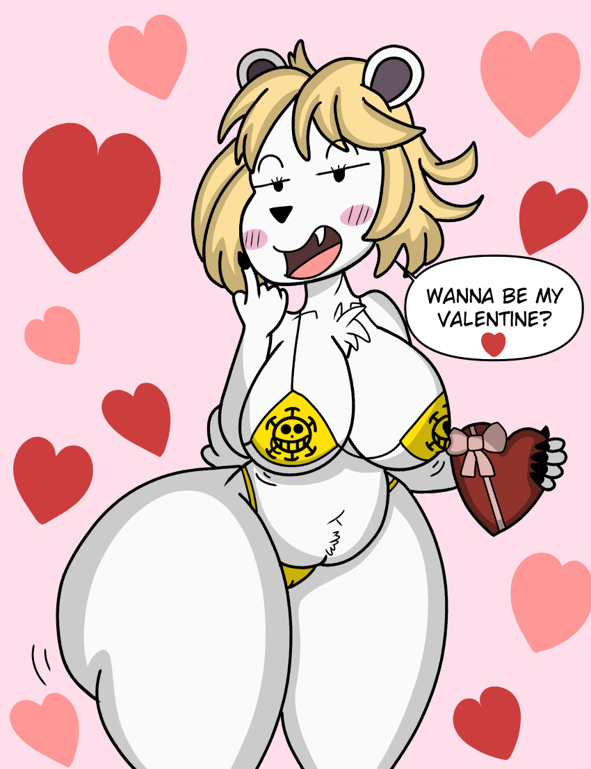 &lt;3 absurd_res anthro bear bepo_(one_piece) big_breasts bikini blonde_hair blush blush_stickers bow_ribbon breasts chest_tuft clothing crossgender curvy_figure fangs female hair hashidoodle heart_background hi_res holidays huge_breasts jiggling looking_at_viewer mammal navel one_piece polar_bear seductive slightly_chubby solo speech_bubble swimwear talking_to_viewer teeth text thick_thighs tuft ursine valentine's_day voluptuous wide_hips