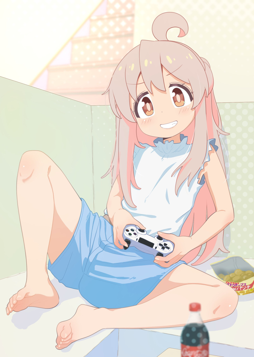 1girl absurdres ahoge bare_legs barefoot blue_shorts blush brown_eyes chips_(food) colored_inner_hair commentary_request controller eyelashes feet food full_body game_controller grey_hair highres holding holding_controller holding_game_controller indoors leaning_to_the_side legs long_hair looking_at_viewer multicolored_hair onii-chan_wa_oshimai! oyama_mahiro pink_hair potato_chips shadow shiina_excel shirt short_shorts shorts sitting sleeveless sleeveless_shirt smile soda_bottle soles solo toe_scrunch toenails toes