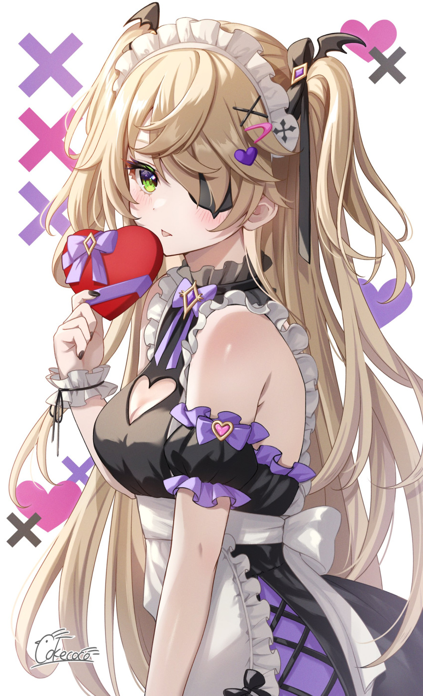 1girl absurdres apron artist_name bare_shoulders black_dress blonde_hair blush bow box cleavage_cutout clothing_cutout cokecoco dress eyepatch fischl_(genshin_impact) from_side genshin_impact green_eyes hair_ornament heart heart-shaped_box heart_cutout highres long_hair looking_at_viewer purple_bow signature solo tongue tongue_out very_long_hair waist_apron white_apron white_headdress