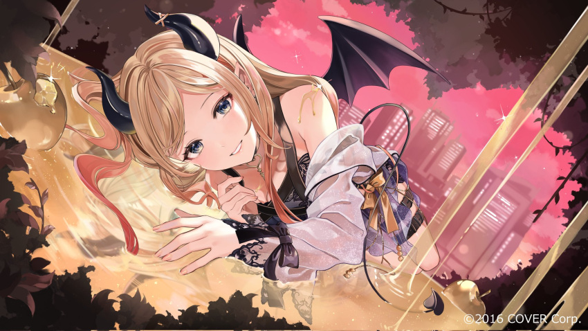 1girl alternate_costume apple bare_shoulders belt bitten_apple black_bow black_bra black_horns blonde_hair blue_eyes bow bra cityscape demon_girl demon_horns demon_tail demon_wings dress food food_bite fruit gold_bow golden_apple highres hololive horn_ornament horns jewelry key key_necklace lace lace_bra light_reflection_(water) liquid looking_at_viewer lying multicolored_hair necklace off_shoulder official_art on_liquid on_side partially_submerged partially_undressed pointy_ears reflection see-through see-through_dress shunka_tunacan smile solo swept_bangs tail teeth thigh_belt thigh_strap tree underwear virtual_youtuber wings yuzuki_choco