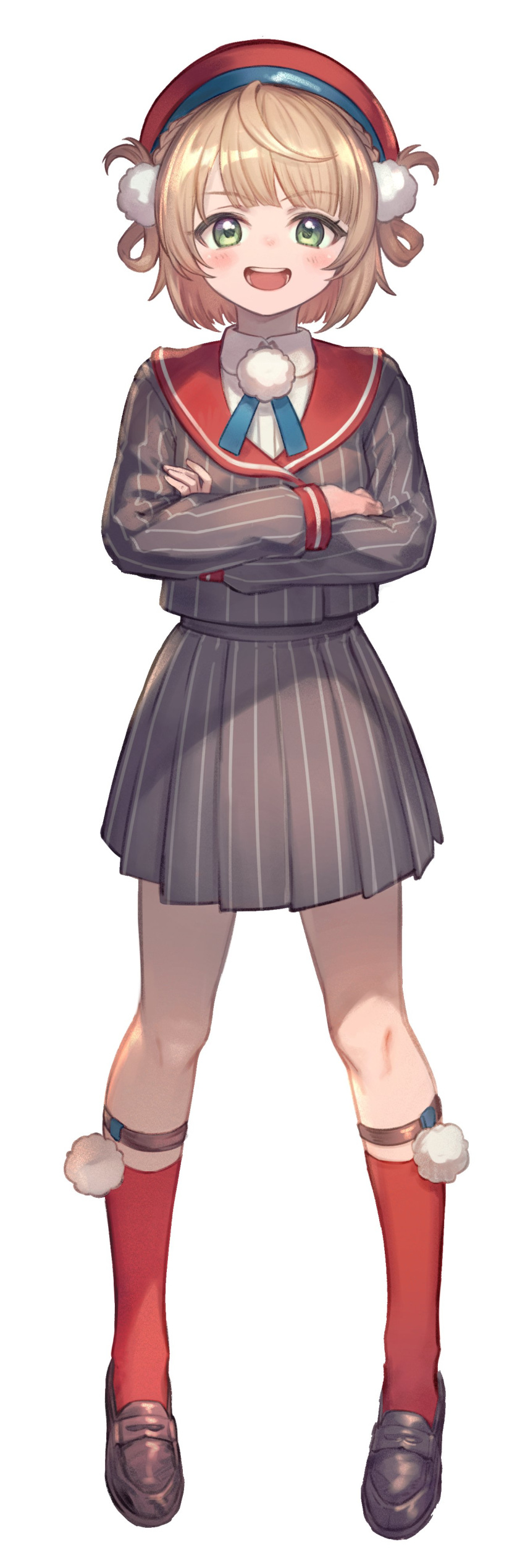 1girl absurdres black_footwear brown_hair crossed_arms full_body green_eyes grey_shirt grey_skirt hatomugi_seika highres indie_virtual_youtuber long_hair long_sleeves looking_at_viewer medium_hair open_mouth red_socks shigure_ui_(vtuber) shigure_ui_(vtuber)_(1st_costume) shirt shoes simple_background skirt smile socks solo tongue white_background