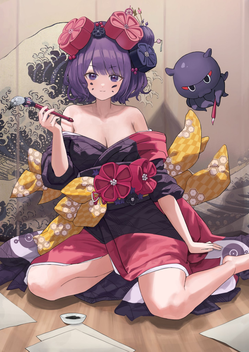 breasts cleavage closed_mouth fate/grand_order fate_(series) floor hae_zu highres holding holding_paintbrush indoors ink_on_face japanese_clothes katsushika_hokusai_(fate) kimono long_hair long_sleeves looking_at_viewer octopus off_shoulder paintbrush paper purple_eyes purple_hair purple_kimono sitting smile tokitarou_(fate)