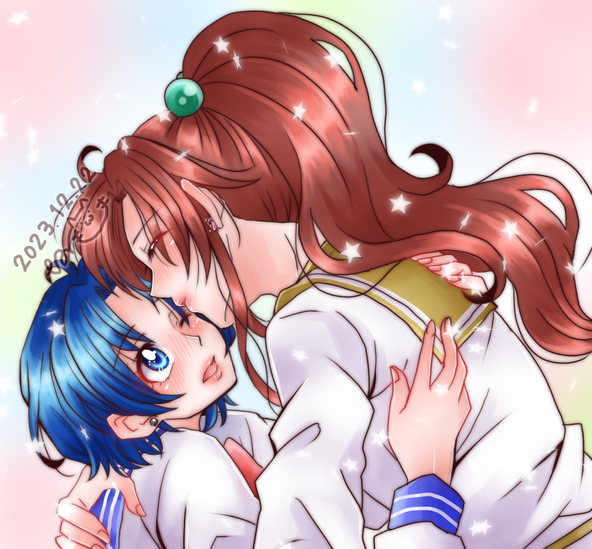 1girl bishoujo_senshi_sailor_moon blue_eyes blue_hair blue_sailor_collar bow brown_hair closed_eyes earrings green_sailor_collar hair_bobbles hair_ornament highres hug jewelry juuban_middle_school_uniform kino_makoto kino_makoto's_school_uniform lips long_hair mizuno_ami one_eye_closed ponytail sailor_collar school_uniform serafuku short_hair smile solo supernova24_24