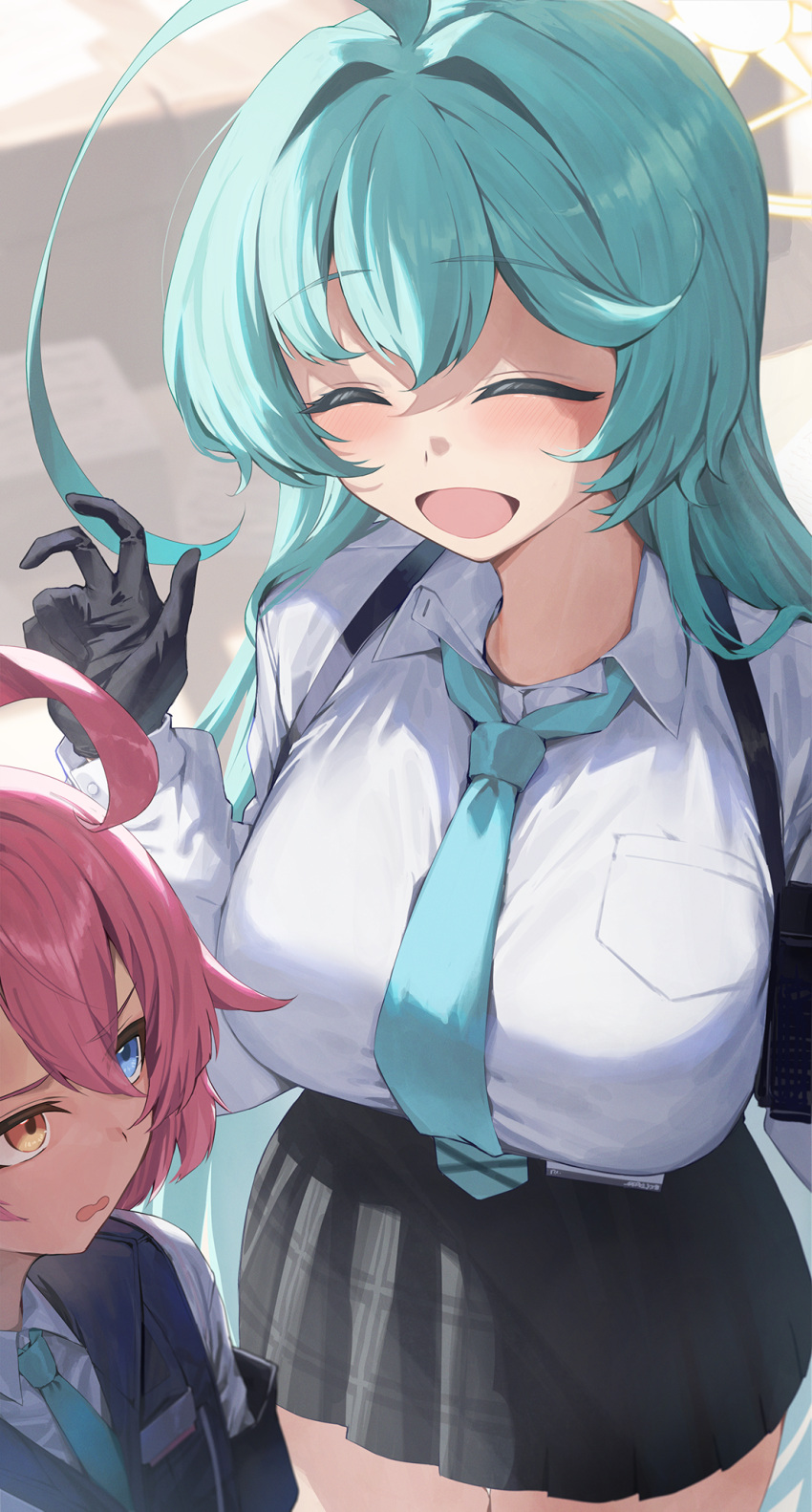 2girls ahoge black_gloves black_skirt blue_archive blue_eyes blue_necktie blush breasts closed_eyes collared_shirt flat_chest gloves green_hair hair_between_eyes halo heterochromia highres hoshino_(blue_archive) hoshino_(young)_(blue_archive) huge_ahoge huge_breasts long_hair long_sleeves multiple_girls necktie neshia_(tsaqif0309) open_mouth pink_hair pleated_skirt shirt short_hair skirt smile white_shirt yellow_eyes yellow_halo yume_(blue_archive)