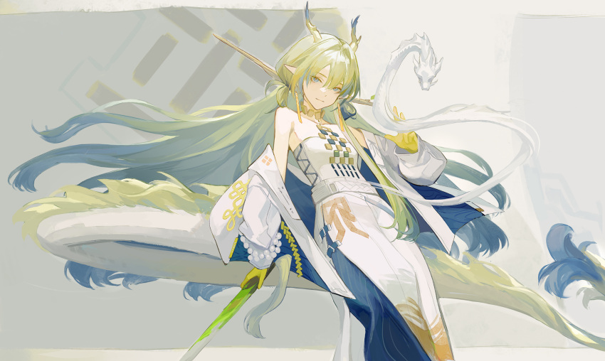 1girl architecture arknights bare_shoulders bead_bracelet beads blue_eyes bracelet colored_skin commentary_request dragon_girl dragon_horns dragon_tail earrings east_asian_architecture feet_out_of_frame green_hair hand_up haocong33 highres holding horns jacket jewelry long_hair long_sleeves looking_at_viewer off_shoulder open_clothes open_jacket pants pointy_ears red_pupils shirt shu_(arknights) solo strapless strapless_shirt tail very_long_hair white_jacket white_pants yellow_skin