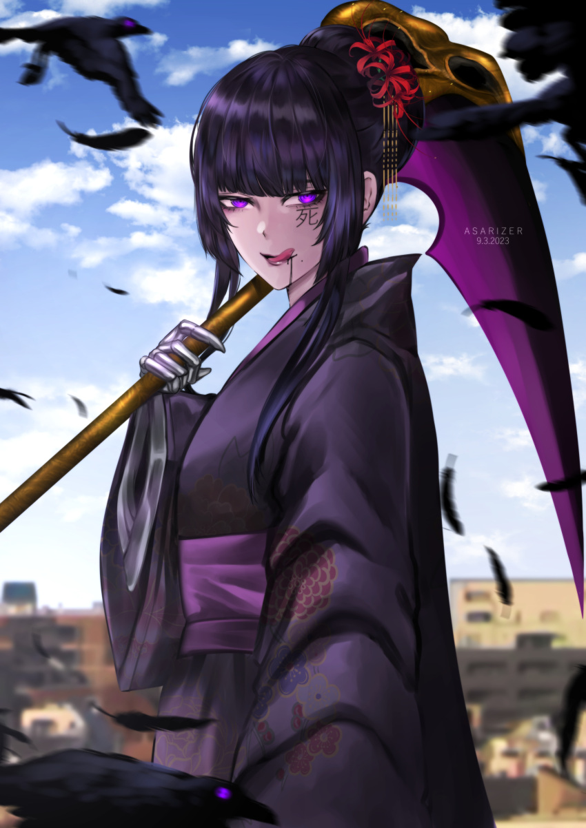 1girl absurdres artist_name asarizer bird black_hair building commentary crow dated facial_mark feathers floral_print flower from_side hair_bun hair_flower hair_ornament highres holding holding_scythe japanese_clothes kimono original outstretched_arm prosthesis prosthetic_hand purple_eyes purple_kimono scythe sidelocks single_hair_bun solo tongue tongue_out upper_body
