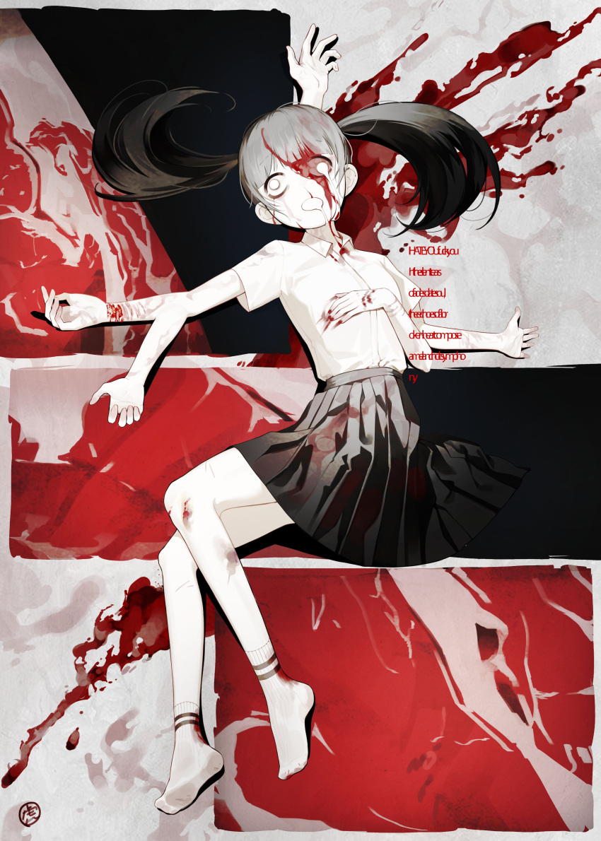 1girl 6_9 absurdres black_hair black_skirt blood blood_on_clothes blood_on_face blood_splatter blunt_bangs collared_shirt death dripping_eye drooling empty_eyes english_text extra_arms fingernails from_above full_body gibberish_text hand_on_own_chest hand_on_own_stomach highres injury k_hottok lying miniskirt monoko no_shoes nosebleed on_back open_mouth pale_skin pleated_skirt raised_eyebrows scratches self-harm_scar shirt shirt_tucked_in short_sleeves skirt socks solid_circle_pupils solo twintails white_eyes white_socks wrist_cutting yume_nikki