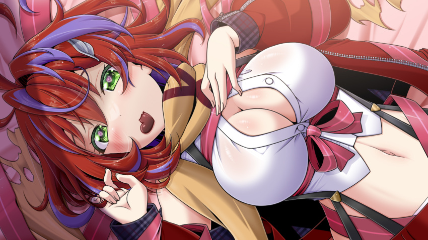 1girl akane_canna akane_canna_(1st_costume) antenna_hair blush breasts button_gap candy chocolate cleavage commentary_request food food_in_mouth green_eyes hair_intakes heart heart-shaped_chocolate heart-shaped_pupils jacket jacket_partially_removed large_breasts looking_at_viewer midriff miso_panda multicolored_hair nanashi_inc. navel open_mouth purple_hair red_hair red_jacket red_skirt scarf shirt short_hair sideways skirt sleeveless sleeveless_shirt solo streaked_hair suspender_skirt suspenders symbol-shaped_pupils two-tone_hair underbust upper_body valentine virtual_youtuber white_shirt wing_hair_ornament yellow_scarf