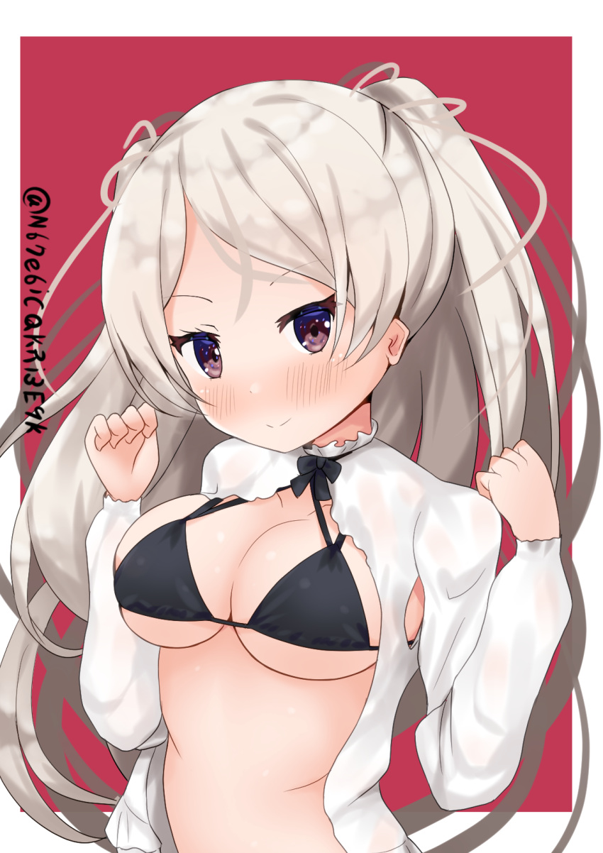 1girl armpit_cutout black_bra blush bra breasts brown_eyes clothing_cutout conte_di_cavour_(kancolle) corset dress frilled_dress frills grey_dress grey_hair highres kantai_collection large_breasts long_hair looking_at_viewer nakatsurugi_(kasegawa_makase) red_background smile solo twitter_username two-tone_dress two_side_up underwear upper_body white_background white_dress