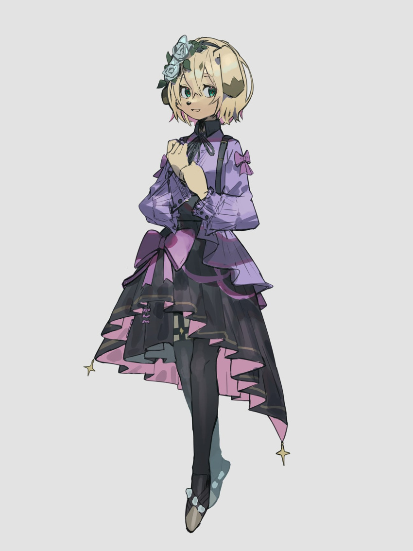 1girl animal_ears animal_nose another_eidos-r black_dress black_footwear black_ribbon black_thighhighs blonde_hair blue_flower blue_rose body_fur bow collared_shirt commentary crossed_bangs dog_ears dog_girl dress elaine_(another_eidos) flat_chest flower frilled_shirt frilled_sleeves frills full_body furry furry_female garter_straps green_eyes grey_background hair_between_eyes hair_flower hair_ornament hands_up happy highres layered_dress legs_together long_sleeves looking_to_the_side neck_ribbon neumo open_mouth own_hands_together pinafore_dress pink_bow purple_bow purple_shirt ribbon rose shirt shoes short_hair sidelocks simple_background sleeveless sleeveless_dress smile solo standing thighhighs two-sided_dress two-sided_fabric yellow_fur