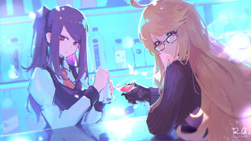 2girls absurdres ahoge alma_armas arm_rest bar_(place) black_gloves black_hair black_sweater black_vest blush cleaning closed_mouth cocktail cocktail_glass collared_shirt cup dated dot_nose drink drinking_glass dutch_angle from_behind frown glasses gloves highres holding holding_drink holding_towel jill_stingray leaning_forward long_hair long_sleeves looking_at_viewer looking_back multiple_girls necktie on_table orange_eyes orange_hair parted_bangs red_eyes red_necktie reflection ribbed_sweater rnna shirt sidelocks signature sleeve_cuffs smile sweater table towel twintails va-11_hall-a vest white_shirt