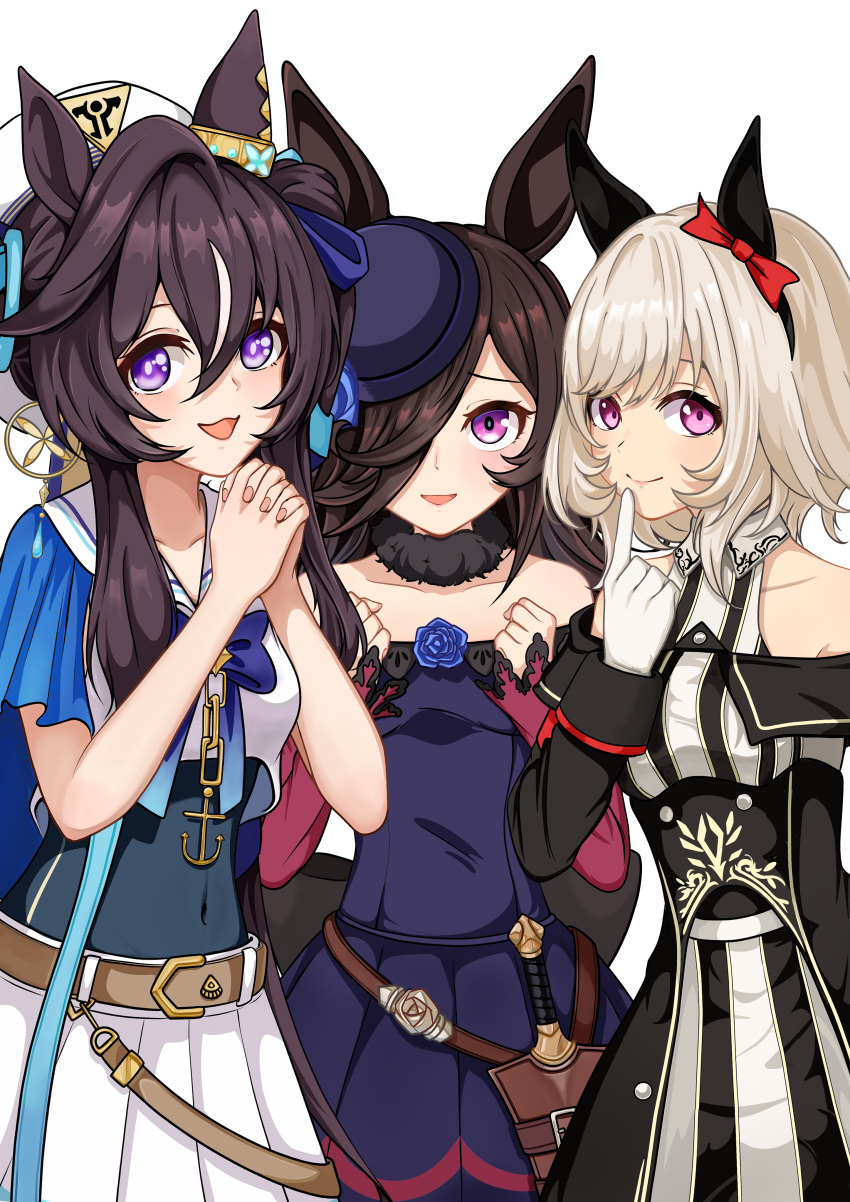 3girls :3 absurdres animal_ears back_bow bare_shoulders black_bow black_collar black_dress black_hairband black_one-piece_swimsuit blue_flower blue_nails blue_rose blush bow brown_hair brown_thighhighs closed_mouth collar collarbone commentary_request cowboy_shot cropped_legs curren_chan_(umamusume) dagger dress ear_bow ear_covers flower fur_collar gloves grey_background grey_hair hair_between_eyes hair_over_one_eye hairband hand_on_own_chest hand_up hat hat_flower highres horse_ears horse_girl horse_tail knife long_hair long_sleeves looking_at_viewer lye7d multicolored_hair multiple_girls off-shoulder_dress off_shoulder one-piece_swimsuit one_eye_covered open_mouth pleated_skirt purple_dress purple_eyes purple_headwear red_bow red_sleeves rice_shower_(umamusume) rose sailor_collar sheath sheathed short_hair simple_background single_ear_cover skirt smile streaked_hair swimsuit tail thigh_gap thighhighs thighs tilted_hat twintails umamusume vivlos_(umamusume) weapon white_background white_gloves white_hair white_headwear white_sailor_collar white_skirt