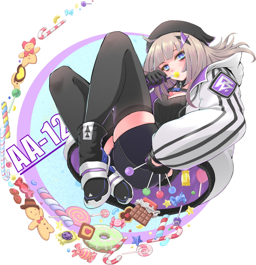 1girl aa-12_(girls'_frontline) beanie black_footwear black_gloves black_headwear black_shorts black_tank_top black_thighhighs blue_eyes boots breasts candy candy_cane character_name chocolate cleavage doboru_(pixiv20862474) doughnut food food_in_mouth full_body gingerbread_man girls'_frontline gloves hair_ornament hat highres holding holding_candy holding_food holding_lollipop hood hooded_jacket jacket light_brown_hair lollipop multicolored_clothes multicolored_jacket purple_gloves purple_jacket shorts solo star_(symbol) star_hair_ornament tank_top thighhighs transparent_background turtleneck two-tone_gloves two-tone_jacket white_jacket