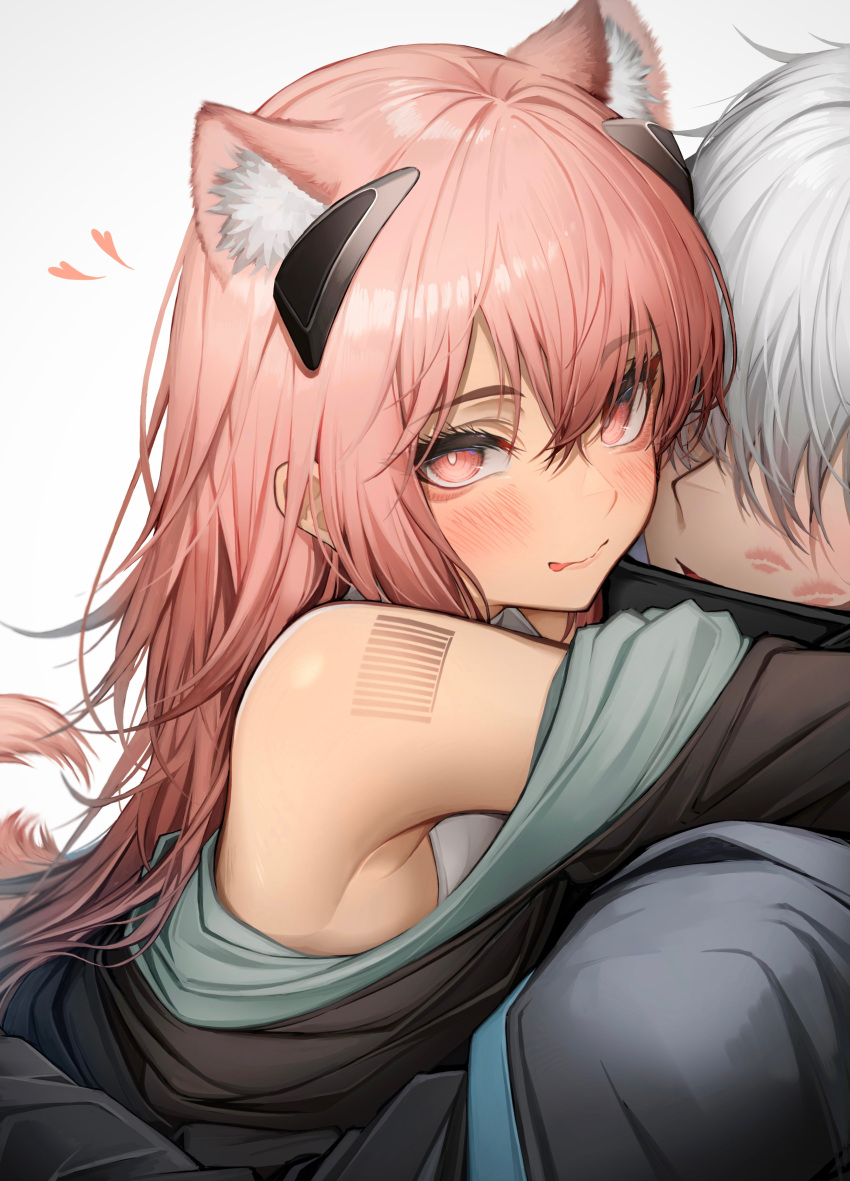 1boy 1girl absurdres animal_ear_fluff animal_ears arknights armpit_crease barcode barcode_tattoo black_coat black_jacket blush closed_mouth coat commentary doctor_(arknights) dog_ears dog_girl dog_tail gravel_(arknights) grey_hair hair_between_eyes hair_over_eyes heart highres hug jacket leaning_forward lipstick_mark long_hair long_sleeves looking_at_viewer male_doctor_(arknights) open_clothes open_jacket open_mouth pink_eyes pink_hair revision shirt short_hair shoulder_tattoo simple_background sleeveless sleeveless_shirt smile solo tab_head tail tattoo tongue tongue_out white_background white_shirt