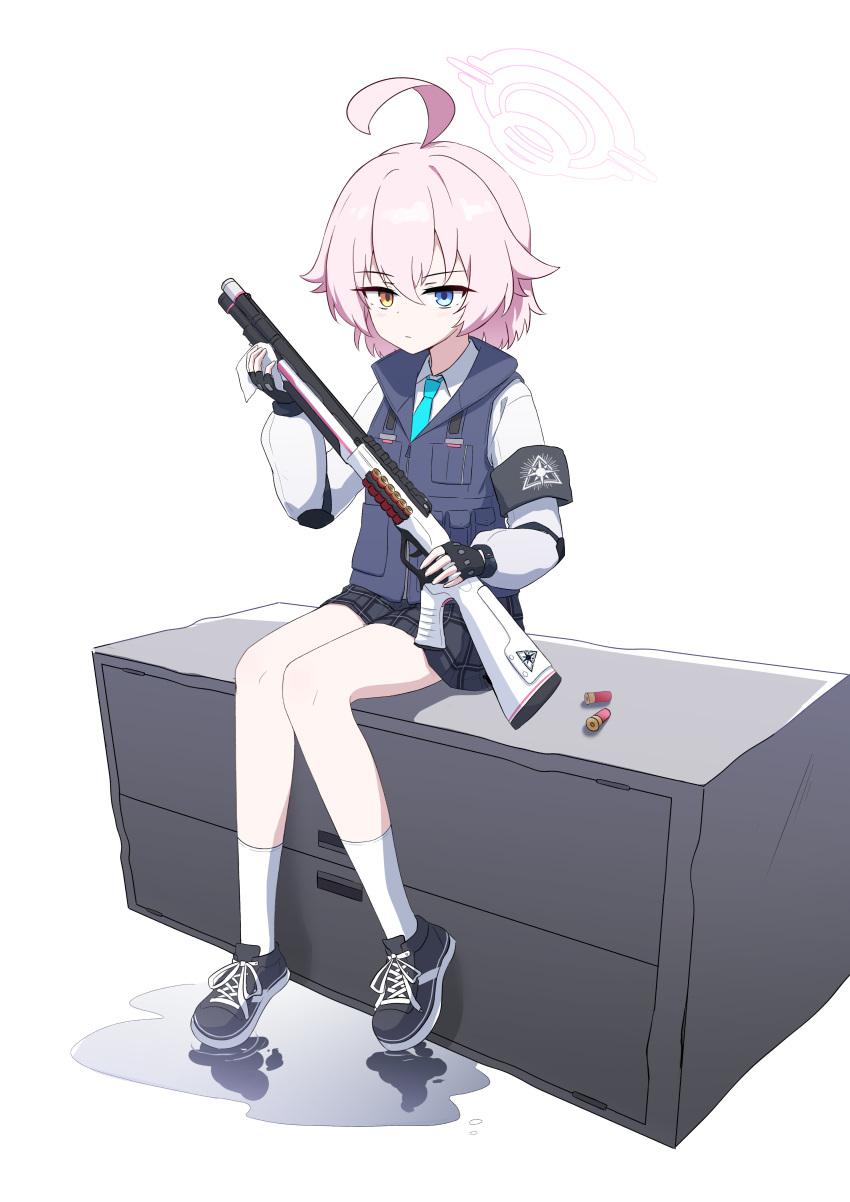 1girl absurdres ahoge black_footwear black_skirt black_vest blue_archive blue_eyes closed_mouth collared_shirt gun hair_between_eyes halo heterochromia highres holding holding_gun holding_weapon hoshino_(blue_archive) hoshino_(young)_(blue_archive) kiroshi long_sleeves pink_hair pink_halo pleated_skirt shirt shoes short_hair shotgun shotgun_shell skirt socks solo vest weapon white_shirt white_socks yellow_eyes