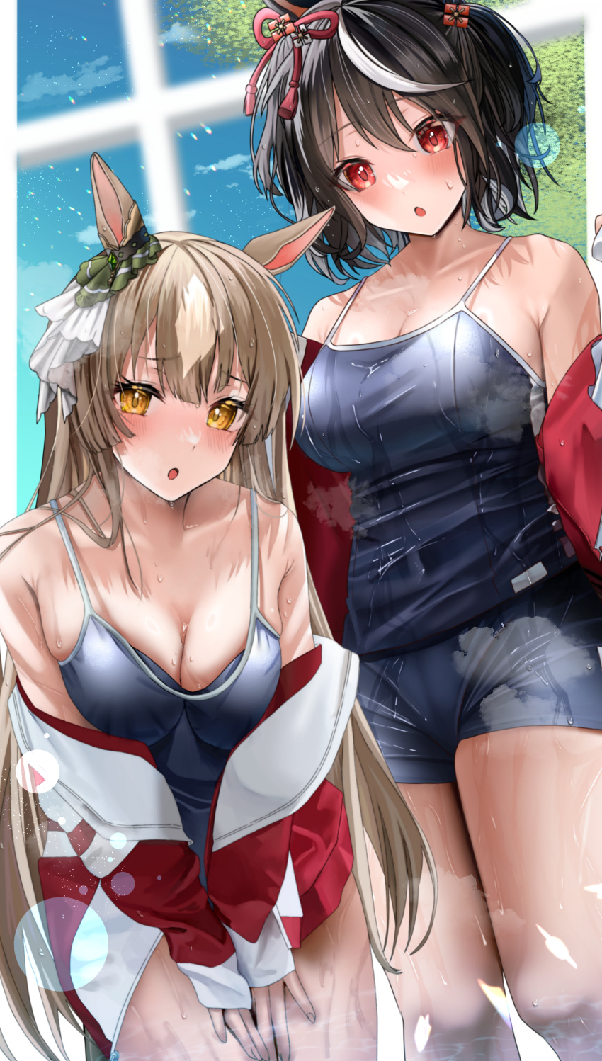 2girls absurdres ahoge animal_ears black_hair blurry blurry_background blush bob_cut breasts brown_hair chestnut_mouth cleavage collarbone competition_school_swimsuit cowboy_shot hair_between_eyes highres horse_ears horse_girl horse_tail jacket kitasan_black_(umamusume) large_breasts leaning_forward multicolored_hair multiple_girls open_clothes open_jacket open_mouth po_musubi red_eyes red_jacket satono_diamond_(umamusume) school_swimsuit short_hair streaked_hair swimsuit tail tracen_swimsuit tracen_training_uniform two-tone_hair umamusume wet wet_clothes wet_hair wet_swimsuit white_hair