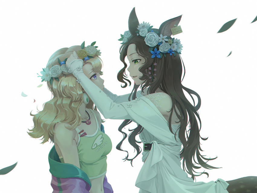 2girls animal_ears bare_shoulders belt blonde_hair blonney breasts brown_belt brown_hair centauroid chinese_commentary closed_mouth collarbone commentary_request cowboy_shot crop_top deer_ears deer_girl deer_tail dress ear_tag earrings flower green_eyes green_tank_top hair_flower hair_ornament head_wreath highres holding holding_wreath jacket jessica_(reverse:1999) jewelry long_hair looking_at_another midriff monster_girl multiple_girls navel off-shoulder_dress off_shoulder open_clothes open_jacket parted_bangs parted_lips purple_jacket reverse:1999 sidelocks simple_background sleeves_past_wrists small_breasts standing tail tank_top taur tonht underbust wavy_hair white_background white_dress white_flower